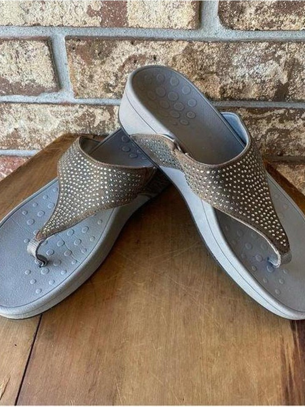 Vionic Taupe Rhinestone Thong Sandals